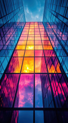 The vibrant hues of sunset are mirrored across the tall glass facades of sleek buildings