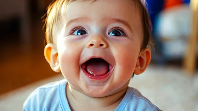 Adorable baby smiling and laughing in bright indoor setting