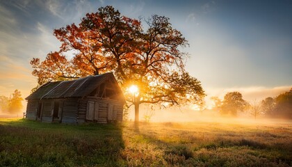 Fototapeta premium an old abandoned rustic house cabin in a fog at sunrise sun rays through the oak tree branches picturesque scenery idyllic rural scene fall season concept art architecture eco tourism nature
