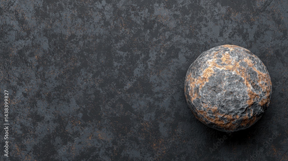 Poster a 3d rendering of a gray and orange sphere.