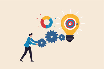 Project initiation or project execution, research or implement business idea to see result, effort to develop idea and business goal concept, businessman turn cog wheels to light up lightbulb idea.