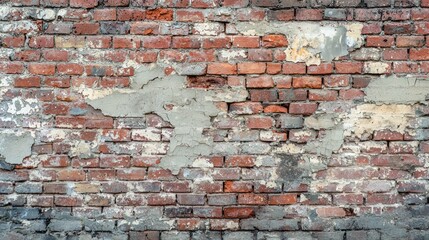 Damaged brick wall with exposed mortar and missing bricks.
