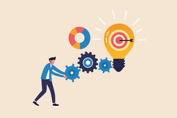 Project initiation or project execution, research or implement business idea to see result, effort to develop idea and business goal concept, businessman turn cog wheels to light up lightbulb idea.