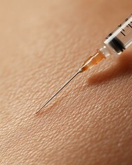 Injection needle touching skin for injection procedure, injection needle ready to pierce skin for injection. Close-up of a syringe on human skin.