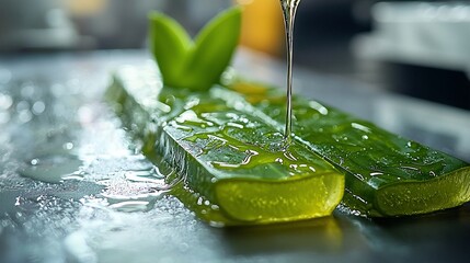 Aloe vera gel extraction, skincare, close-up, lab setting