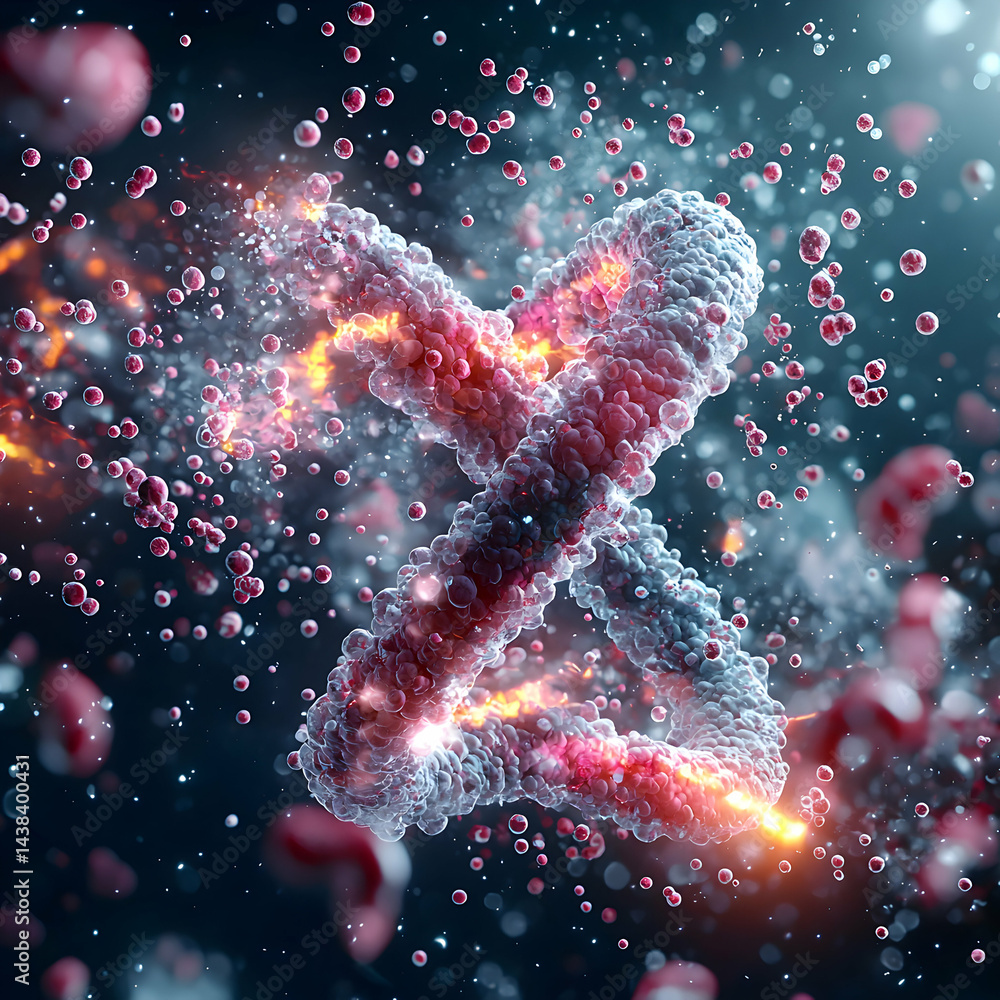 Poster abstract illustration of a cellular structure possibly representing dna or a related biological enti