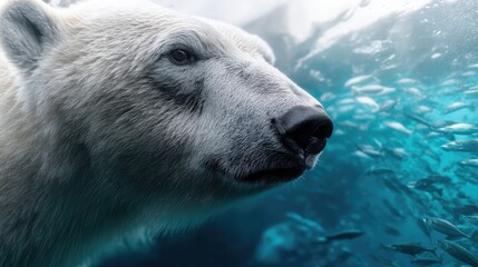 Fototapeta premium Polar bear close-up, underwater scene with fish