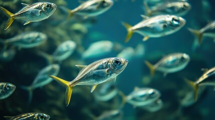 School of fish in an aquarium.  Many small fish swim in a group, close together, in a dark-blue aquarium environment.  One fish is more central and slightly in focus.