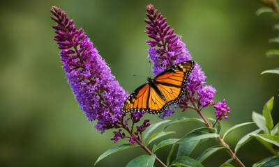 A monarch butterfly rests on a purple flower in a natural setting