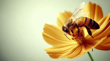 Close-up of a honeybee collecting nectar from a vibrant yellow wildflower, realistic detail, natural light with soft green background for World Bee Day.