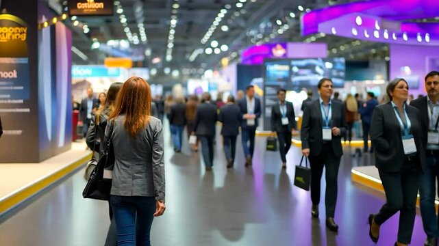 People at a large convention, walking by many different booths