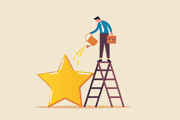 Ambition or motivation to success or being excellence, aspiration and effort to improve, growing and best performance concept, ambitious businessman fill in golden star price metaphor of success.