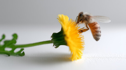 Realistic minimal close-up of a honeybee perched on a bright yellow dandelion flower, isolated on white background, highlighting fragility and detail. World bee day concept.