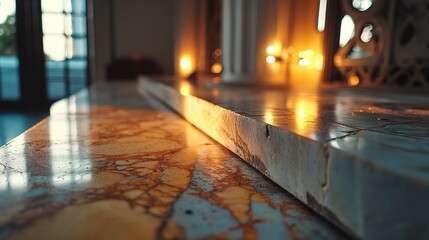 Elegant marble countertop, warm light reflecting