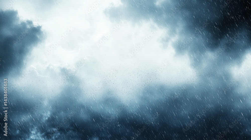 Poster dark rain clouds with mist and flashes of lightning on white background.