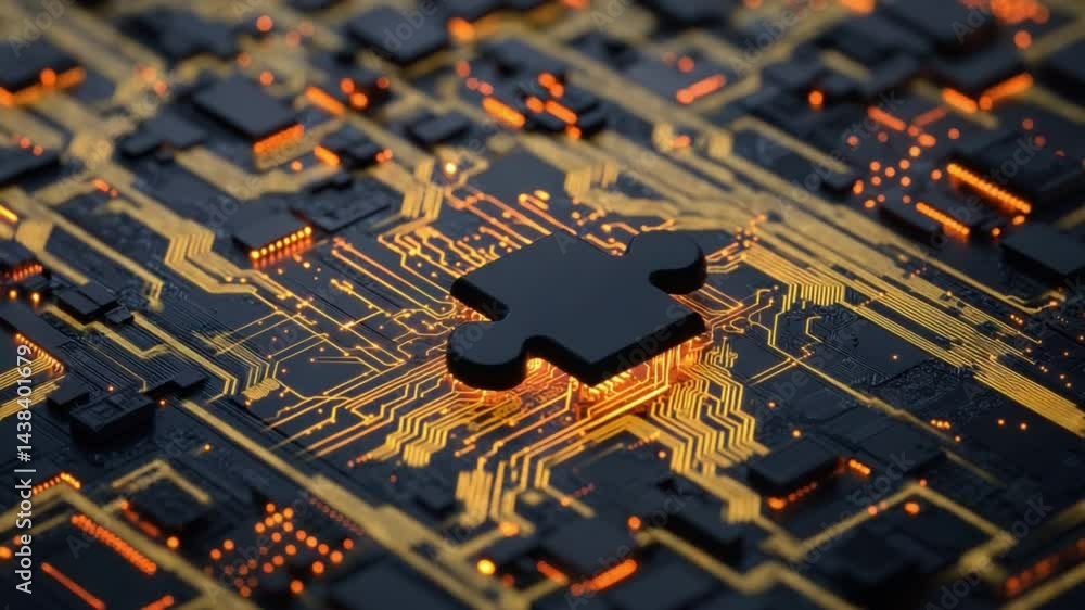 Poster abstract puzzle piece over circuit board background with glowing elements and digital texture for te