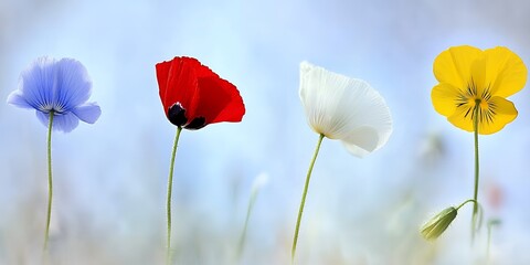 Naklejka premium Vibrant Spring Flowers Blooming in a Field Red Poppy Blue Flax White Poppy Yellow Pansy