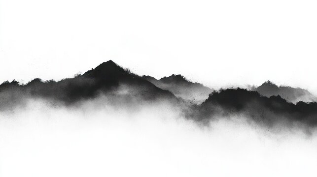 Dark, rolling clouds with mist and rain on white background.