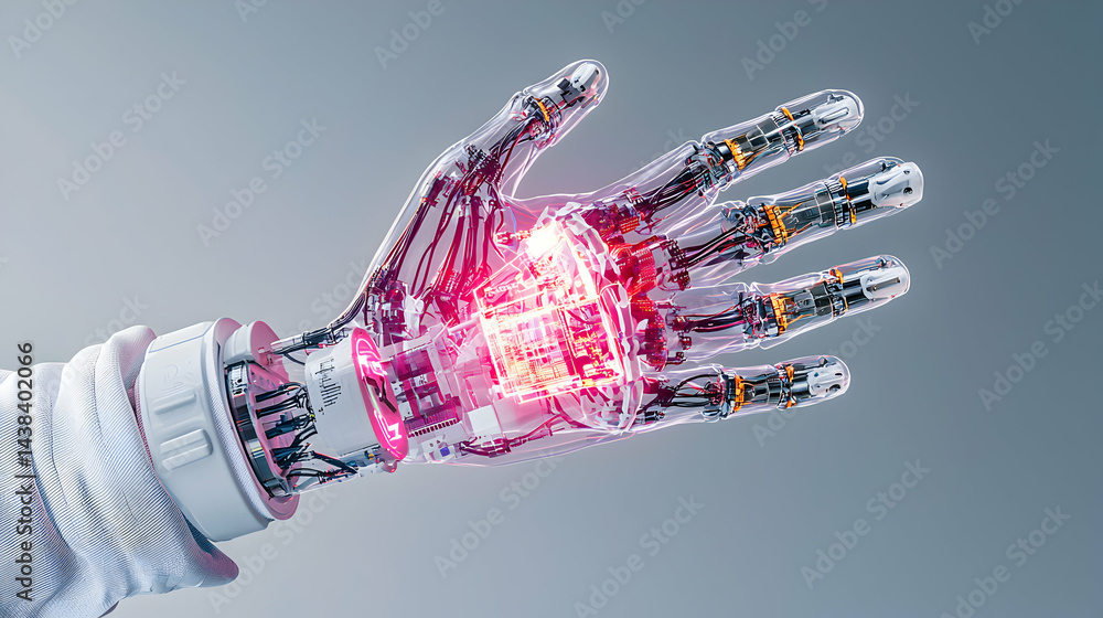 Poster a futuristic robotic hand glows. its intricate internal structure and vibrant energy core highlight 