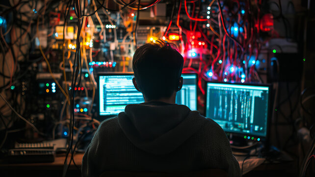 Cyberpunk computer hacker in messy server room, hooded programmer working with complex cable wiring, dark technology workspace with glowing monitors