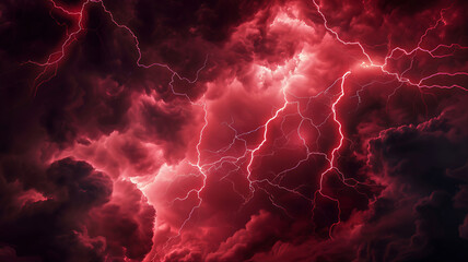 Storm red lightning in the dark night sky. Red thunder clouds lightning effect. Magenta sky lightning background. Red lightning electrical discharge background. Lightning fiery explosion 
