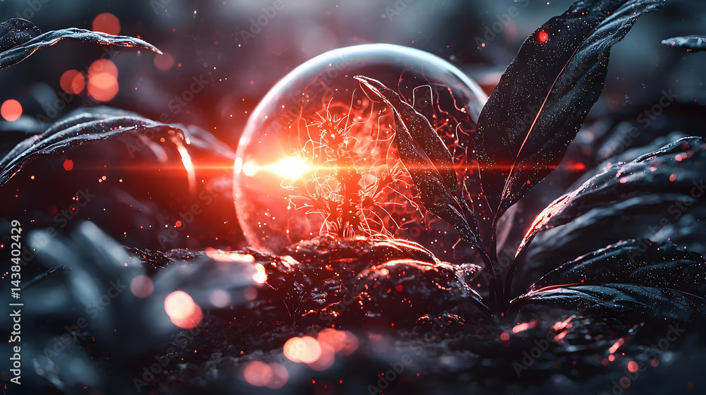 Poster an ethereal image showcases a glowing orb with intricate patterns amidst stylized foliage a captivat
