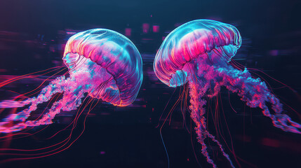 Two vibrant jellyfish glide through dark waters, illuminating their surroundings with a mesmerizing display of bioluminescent colors. 