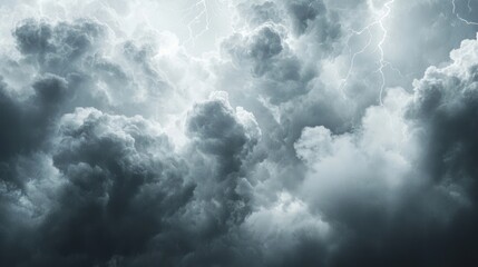Dark rain clouds with mist and flashes of lightning on white background.