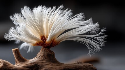 Stunning macro capture of Hericium erinaceus on driftwood illuminated by studio light