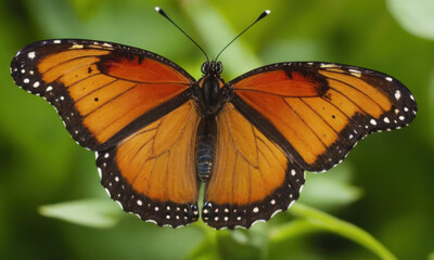 Naklejka premium A large orange butterfly perched on top of a green plant, great for nature or wildlife photography illustrations