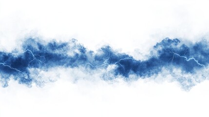 Dark thunderclouds with electric blue lightning streaks on white background.