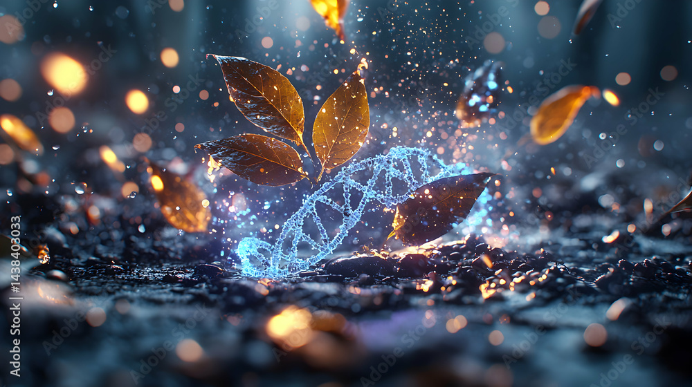Poster a captivating image of a dna strand intertwined with leaves. suggests growth and life with magical b