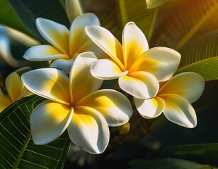 Fototapeta premium detailed view of white and yellow frangipani flowers surrounded by vibrant green leaves basking in natural sunlight and showcasing tropical beauty