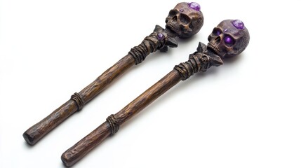 Dark wooden staffs with skull-shaped tops and purple magical auras on white background.