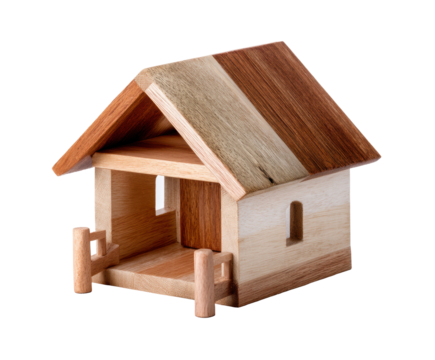 Wooden house toy designed for imaginative play and learning on a transparent background, cut out