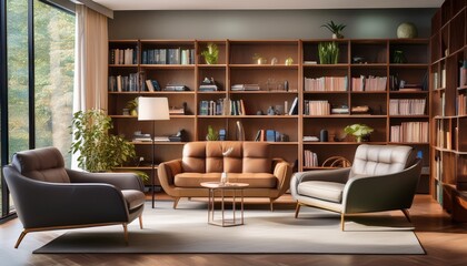 office of a psychologist featuring cozy chairs a sofa and bookshelves filled with books