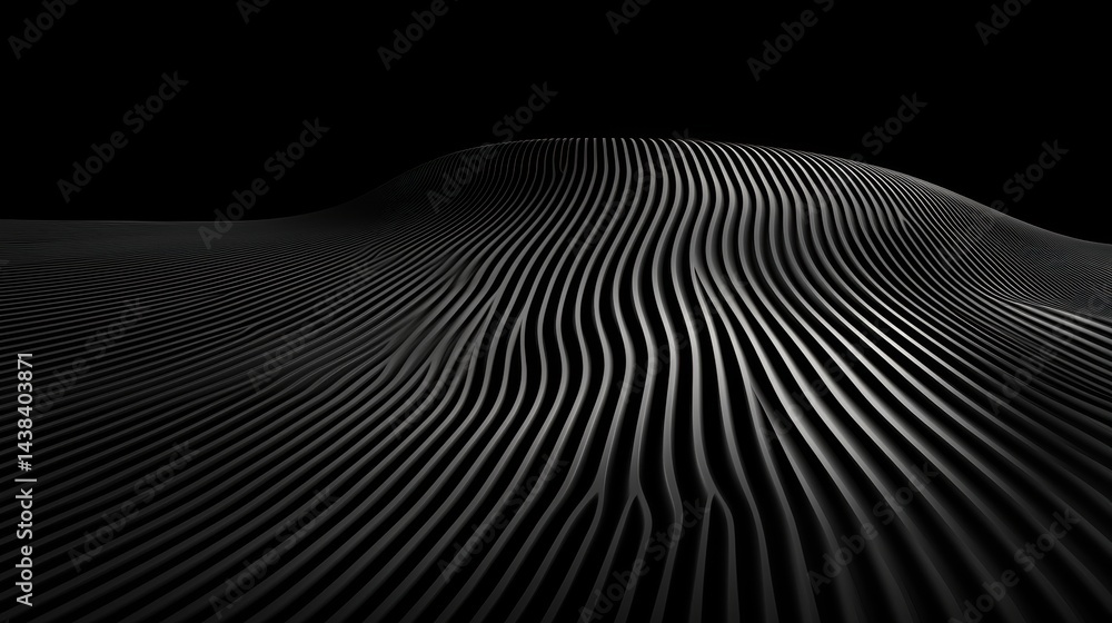 Poster a 3d rendering of a wave-like surface with a gradient of black and white.