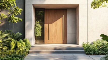 Modern house entry with wooden door and green plants, sunny daylight background