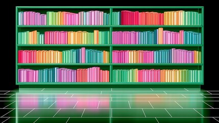 Colorful books fill a green bookshelf, reflecting on a shiny floor