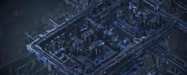 Fototapeta premium Deep blue engineering schematic, abstract geometric patterns, sharp lines , engineering, schematic, modern