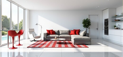 Bright modern living room with grey sectional sofa, red accents, and kitchen view. Ideal for real estate, interior design, or home decor websites.
