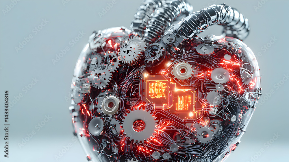 Poster a futuristic heart comprised of metallic gears circuitry and glowing red energy. ideal for science f