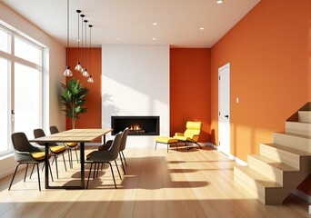 Modern living and dining room interior with orange walls, wooden floor, and fireplace.