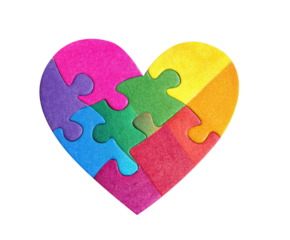 Colorful heart shaped puzzle pieces representing love and unity on a transparent background, cut out