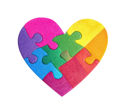 Colorful heart shaped puzzle pieces representing love and unity on a transparent background, cut out