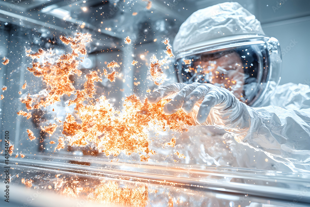 Aufkleber a scientist in a hazmat suit interacts with exploding particles in a laboratory setting potentially 