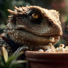 Adorable Baby Dragon Eating Popcorn Fantasy Creature Image