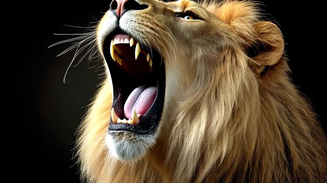 Roaring lion shows teeth; striking portrait against black background