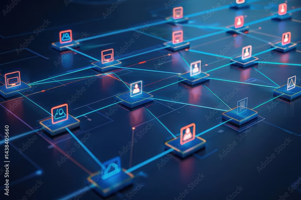 Aufkleber digital network connections and nodes with vibrant icons on a dark background.