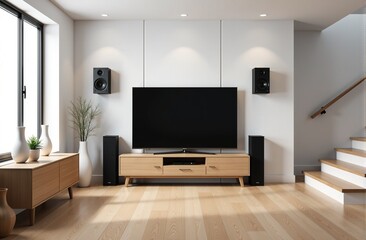 Modern living room interior with flat screen TV, wooden furniture, and home theater system. Bright and airy space.